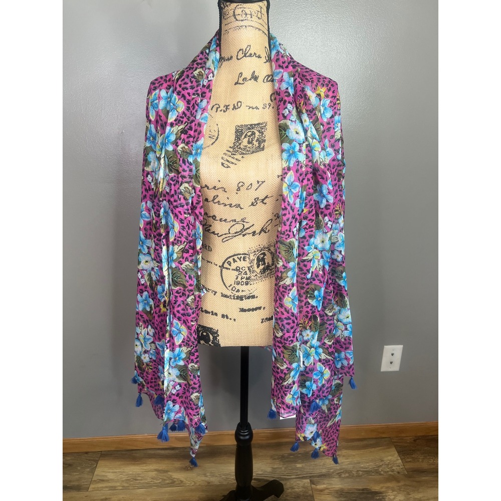 Ayfee Pink Leopard‎ Floral Print Scarf Wrap Blue Tassels bright funky artsy